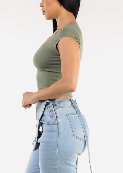 Cap Sleeve Square Neck Top Light Olive