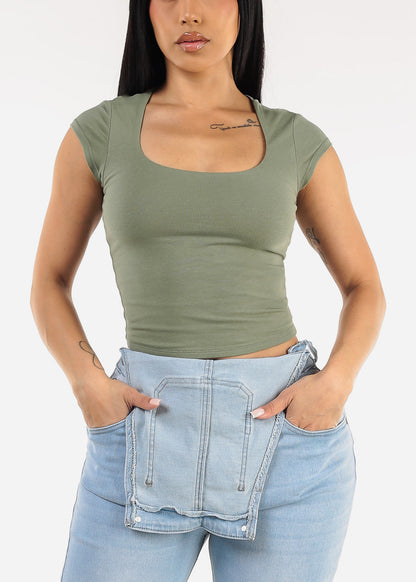 Cap Sleeve Square Neck Top Light Olive