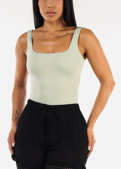 Wide Square Neck Ribbed Thong Bodysuit Light Sage