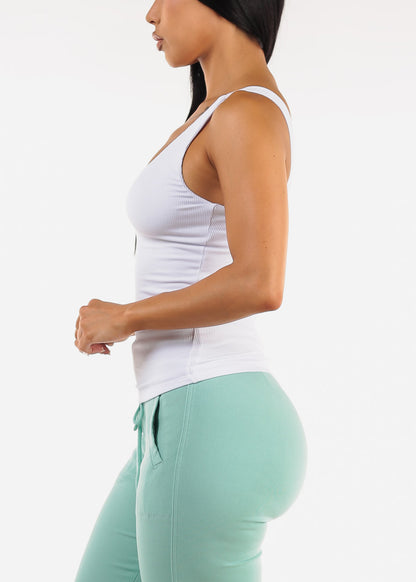 Sleeveless Scoop Neck Ribbed Tank Top White