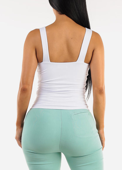 Sleeveless Scoop Neck Ribbed Tank Top White