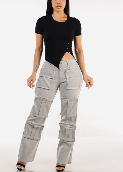 Black Short Sleeve Ribbed Top w Side Snap Cut Out