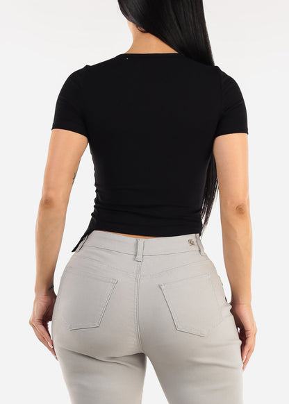 Black Short Sleeve Ribbed Top w Side Snap Cut Out