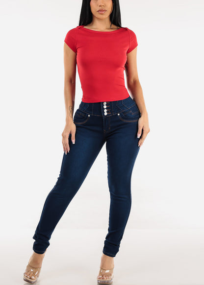 Short Sleeve Boat Neckline Stretch Top Red
