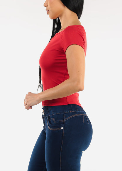 Short Sleeve Boat Neckline Stretch Top Red