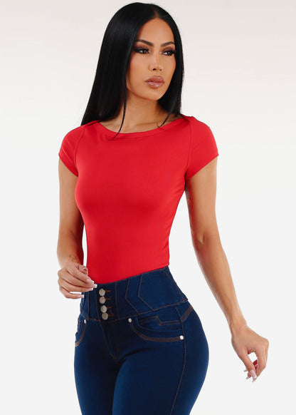 Short Sleeve Boat Neckline Stretch Top Red