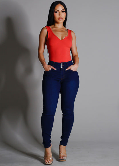 Sleeveless Vneck Ribbed Thong Bodysuit Salmon