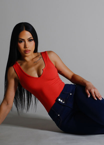 Sleeveless Vneck Ribbed Thong Bodysuit Salmon