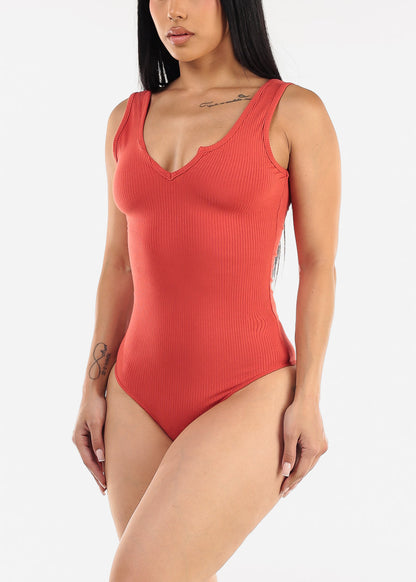 Sleeveless Vneck Ribbed Thong Bodysuit Salmon
