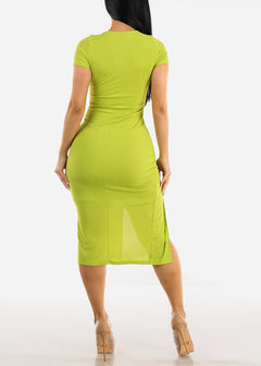 Short Sleeve High Slit Bodycon Midi Dress Neon Lime