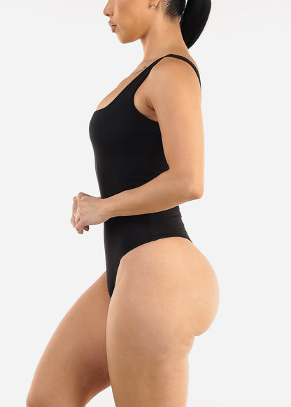 Black Wide Square Neck Ribbed Thong Bodysuit