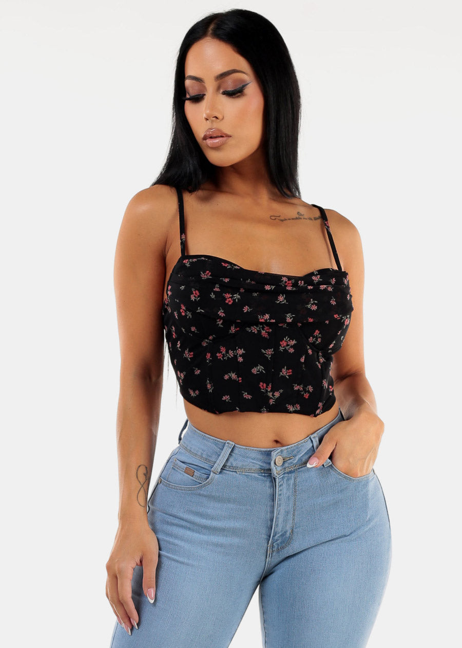 Sweetheart Corset Style Floral Crop Top Black