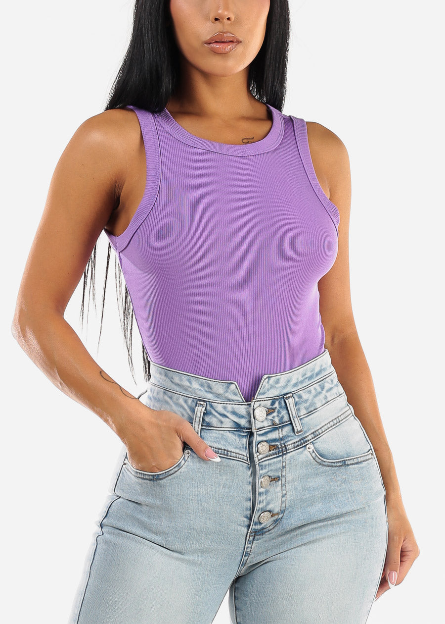 Sleeveless Crewneck Thong Bodysuit Purple