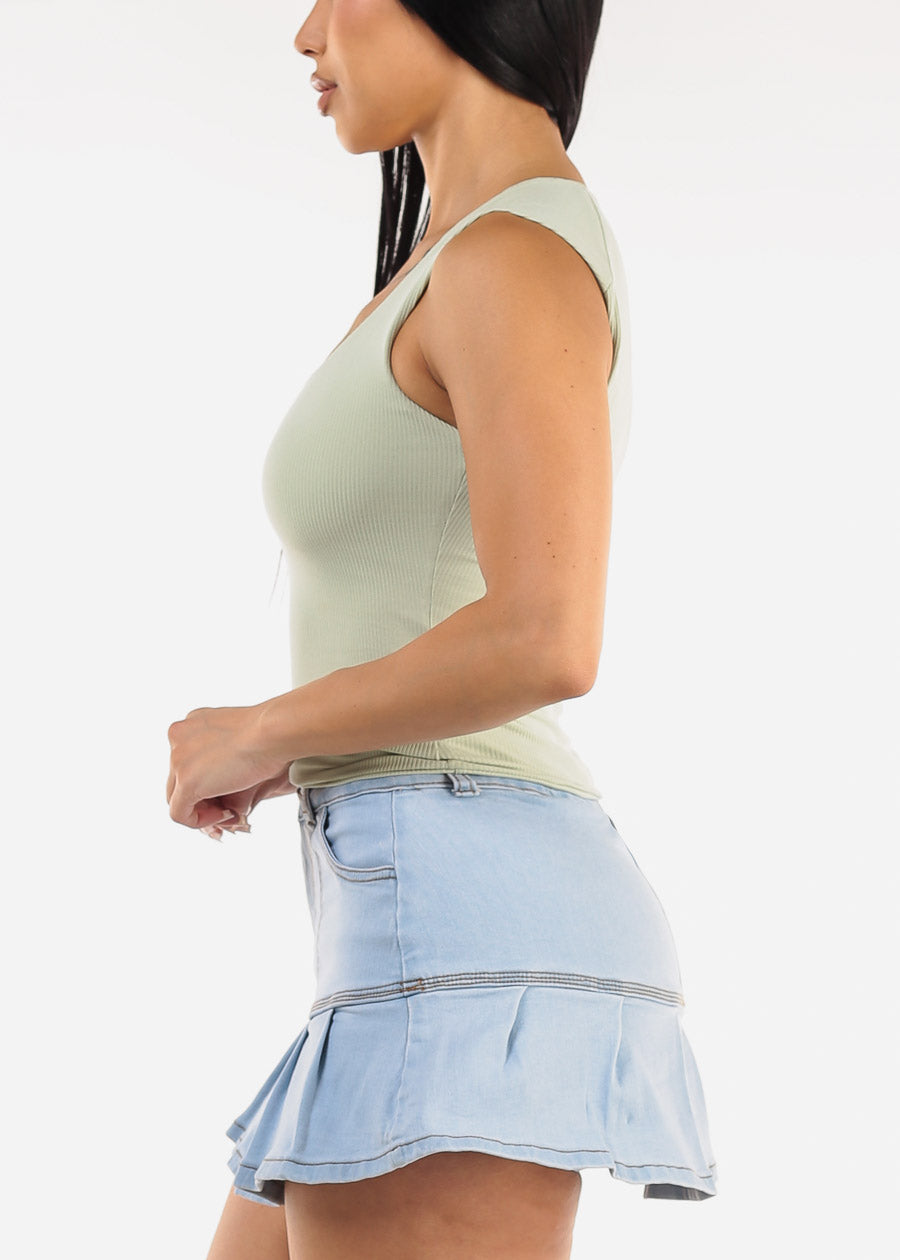Sleeveless Square Neck Ribbed Top Light Sage