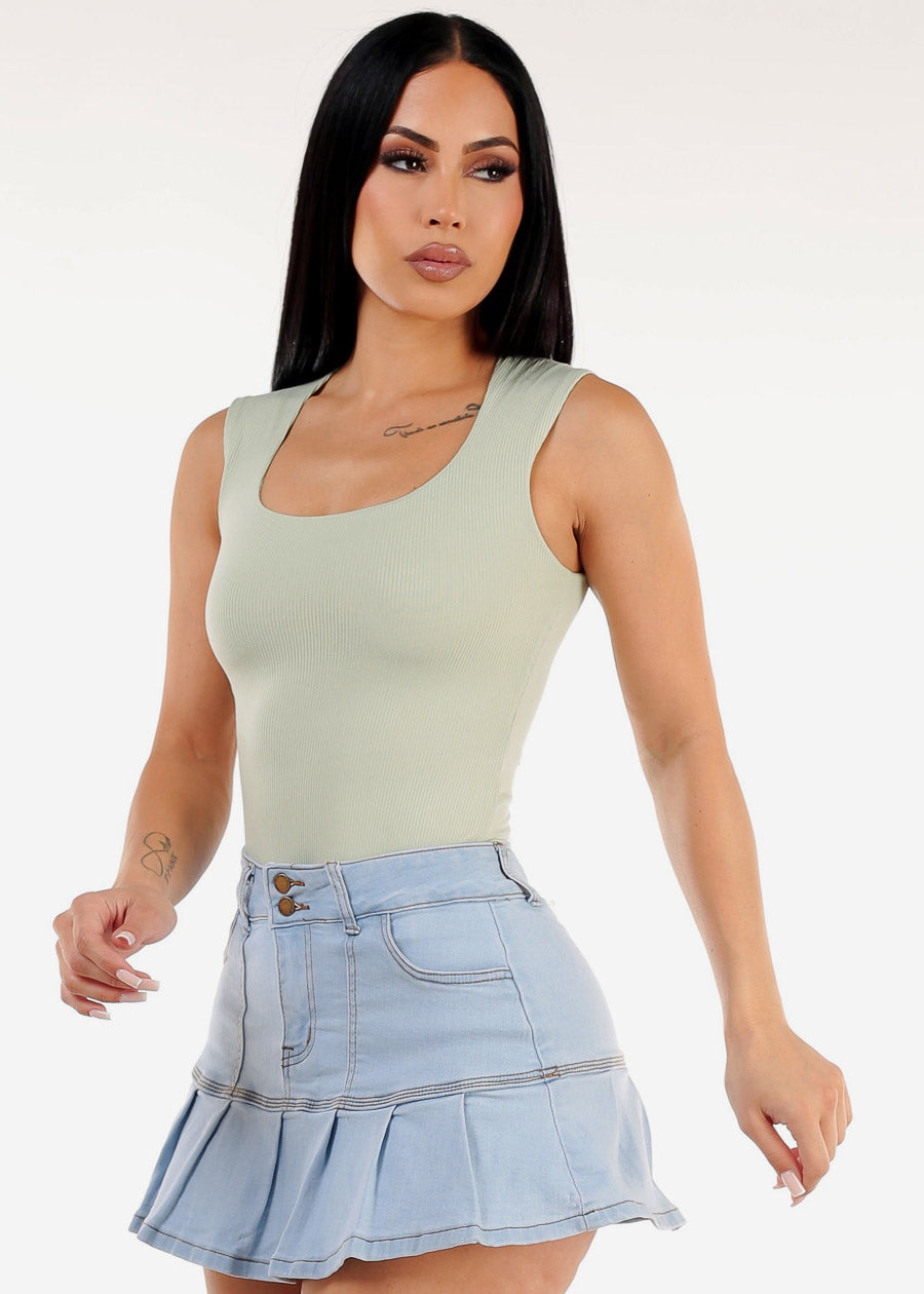 Sleeveless Square Neck Ribbed Top Light Sage