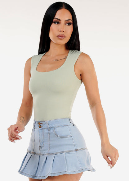 Sleeveless Square Neck Ribbed Top Light Sage