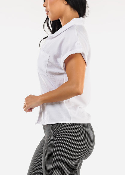 Short Sleeve Button Up Collared Blouse White