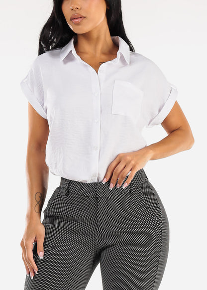Short Sleeve Button Up Collared Blouse White
