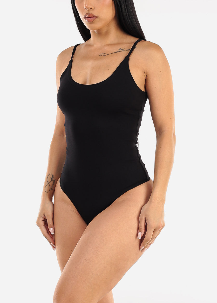 Sleeveless Scoop Neck Black Thong Bodysuit