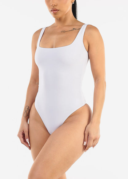 Sleeveless Square Neck White Thong Bodysuit