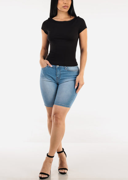 Short Sleeve Boat Neckline Stretch Top Black