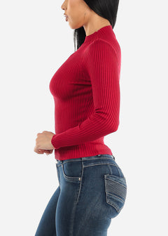 Long Sleeve Mock Neck Ribbed Sweater Red