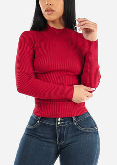 Long Sleeve Mock Neck Ribbed Sweater Red