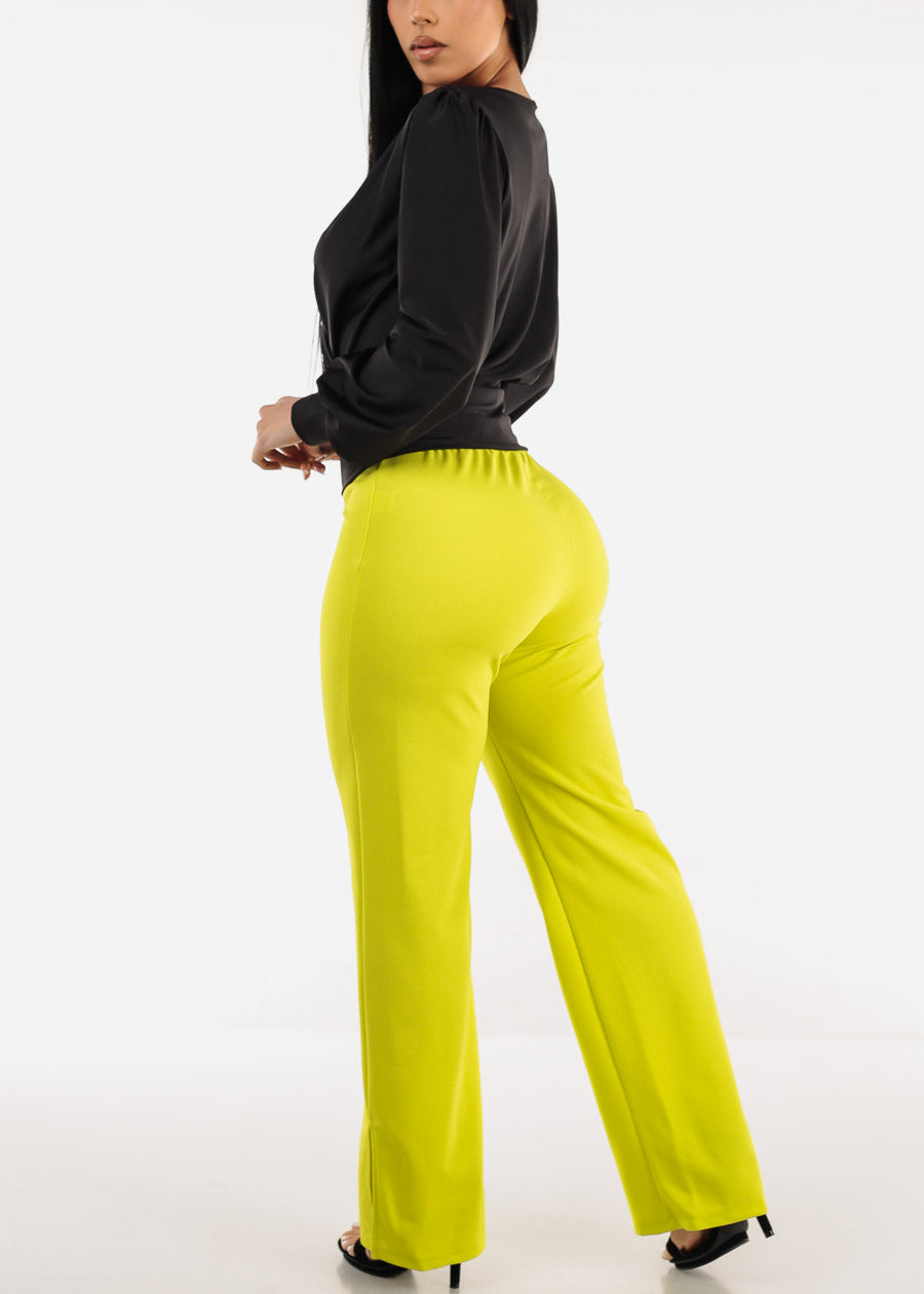 Super High Waist Wide Leg Slit Dress Pants Neon Lime