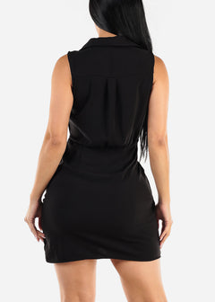 Sleeveless Surplice Black Collared Mini Dress