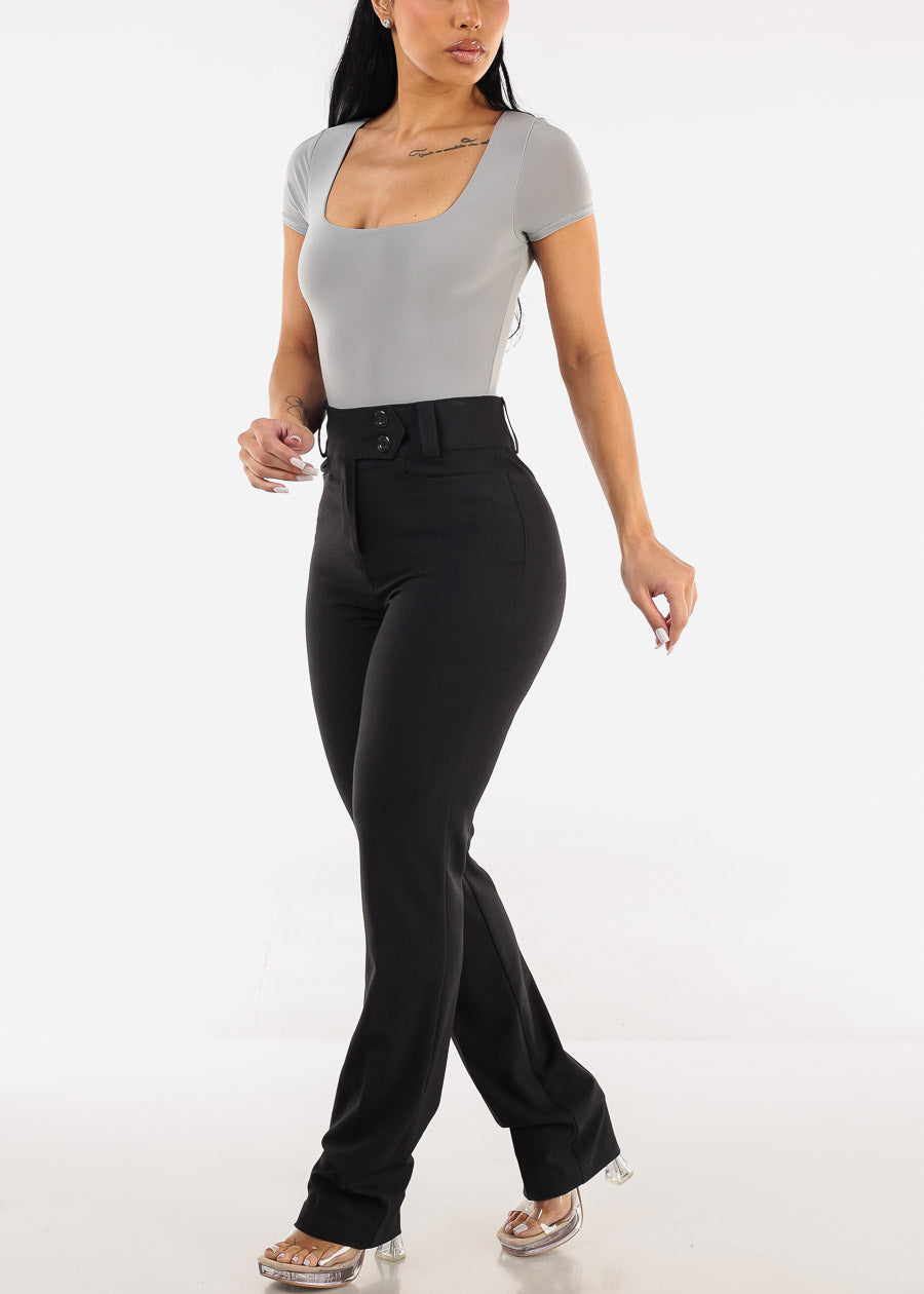 Short Sleeve Square Neck Stretch Thong Bodysuit Light Grey