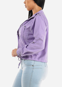 Drawstring Waist Zip Up Jacket Light Purple