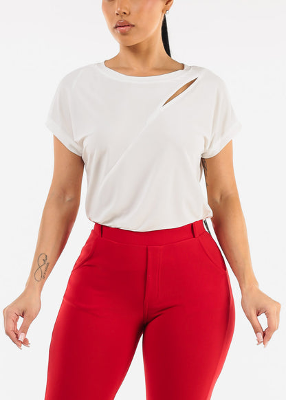 Short Sleeve Round Neck Stretchy Blouse White