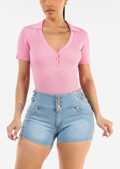 Short Sleeve Rib Knit Polo Bodysuit Pink