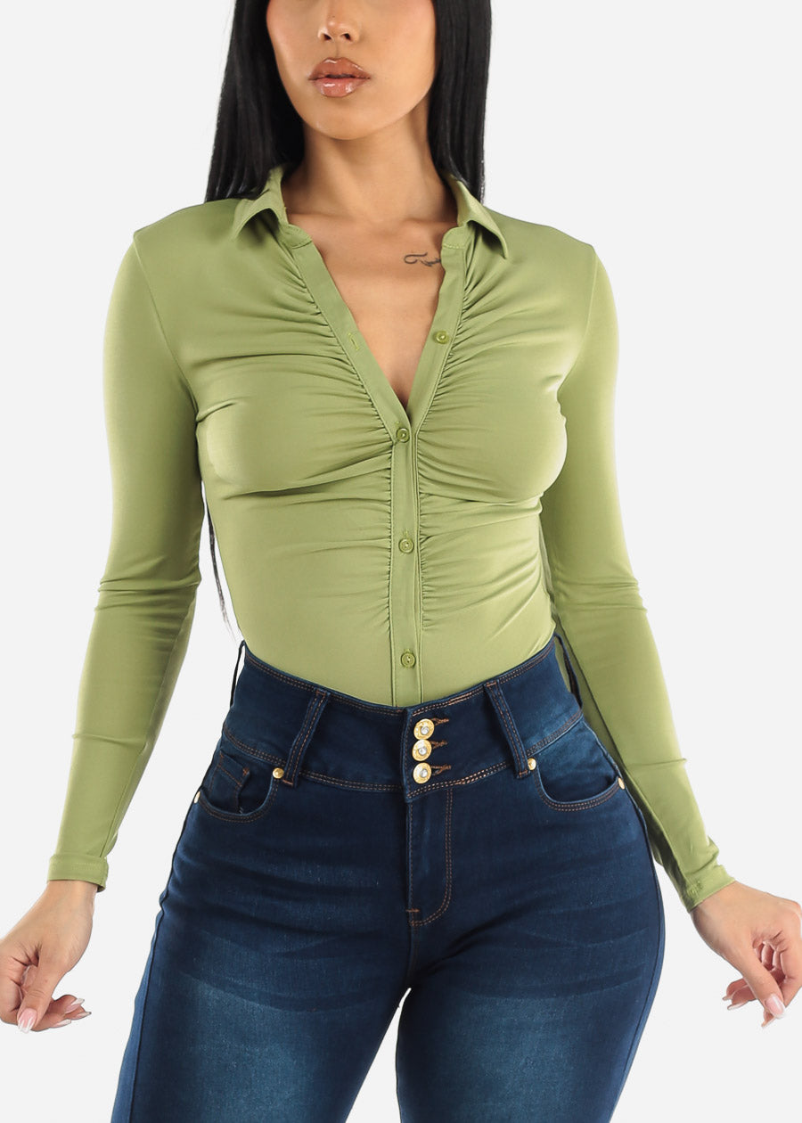 Long Sleeve Ruched Button Up Collared Bodysuit Lime Green