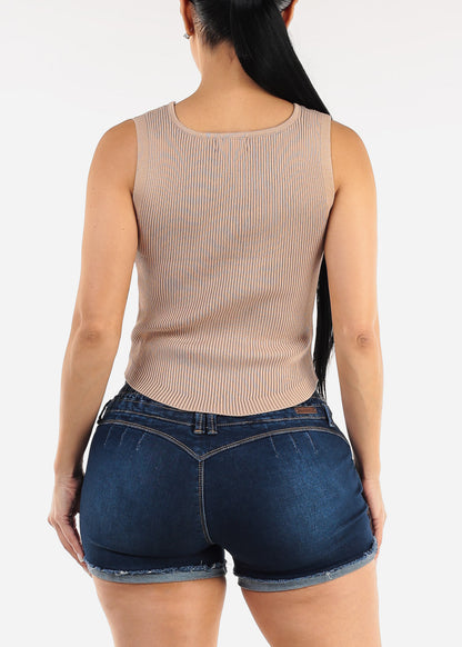 Sleeveless Scoop Neck Rib Knit Top Beige
