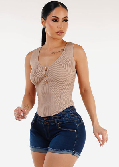 Sleeveless Scoop Neck Rib Knit Top Beige