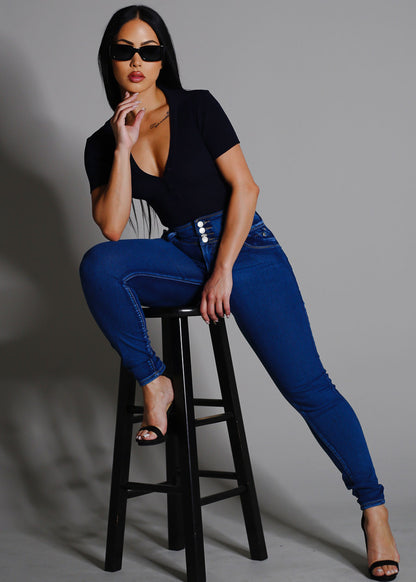 Short Sleeve Rib Knit Polo Bodysuit Navy