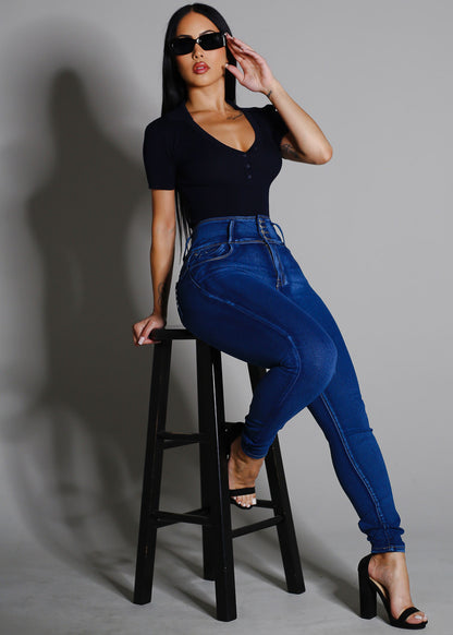 Short Sleeve Rib Knit Polo Bodysuit Navy