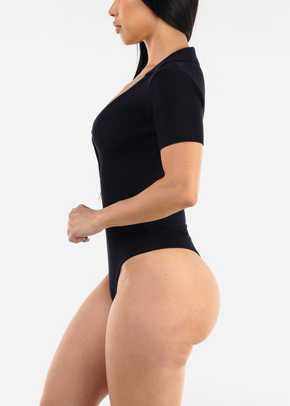 Short Sleeve Rib Knit Polo Bodysuit Navy