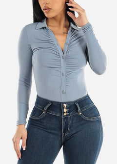 Long Sleeve Ruched Button Up Collared Bodysuit Slate Blue