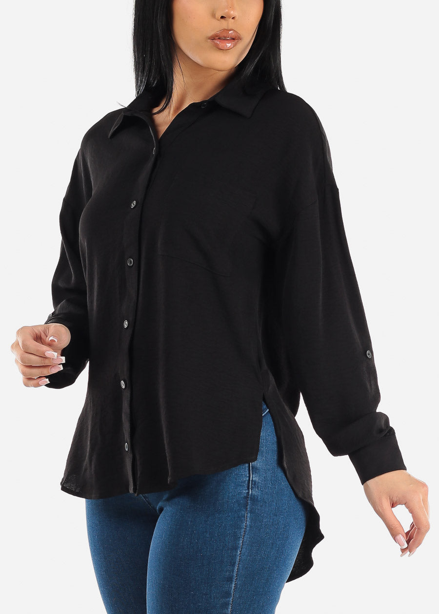 Black Long Sleeve Relaxed Fit Collared Blouse