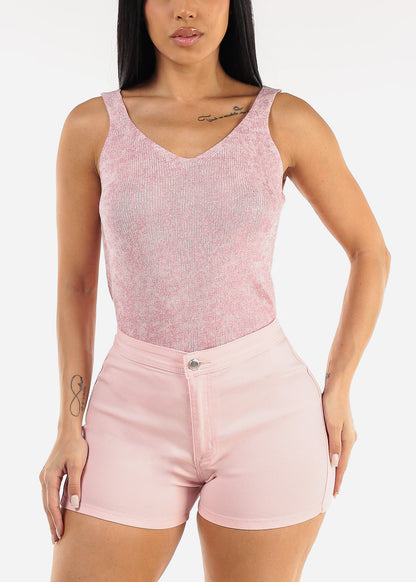 Sleeveless Metallic Vneck Knitted Top Light Pink