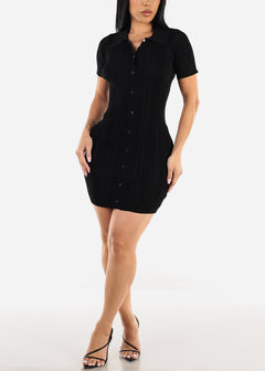 Short Sleeve Collared Bodycon Mini Dress Black