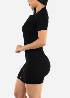 Short Sleeve Collared Bodycon Mini Dress Black