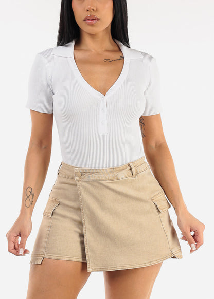 Short Sleeve Rib Knit Polo Bodysuit White