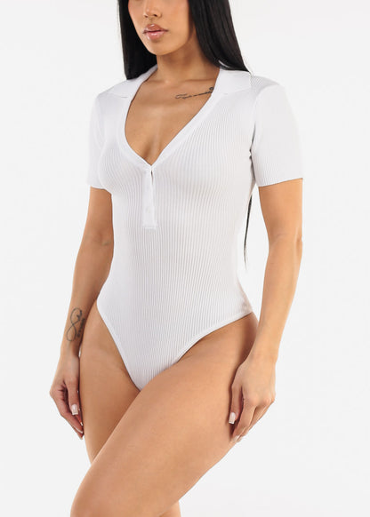 Short Sleeve Rib Knit Polo Bodysuit White