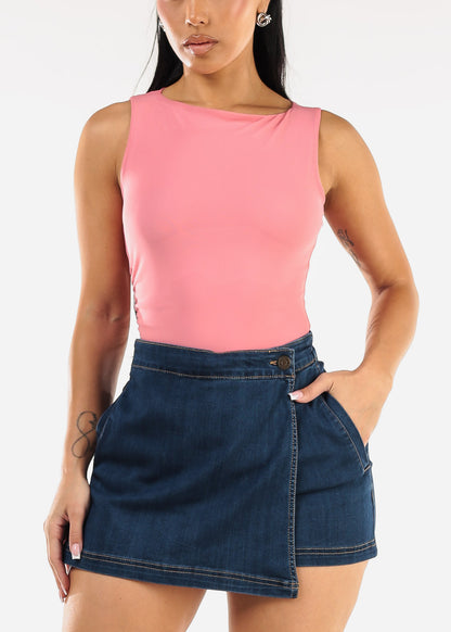 Sleeveless Boat Neckline Mesh Thong Bodysuit Pink