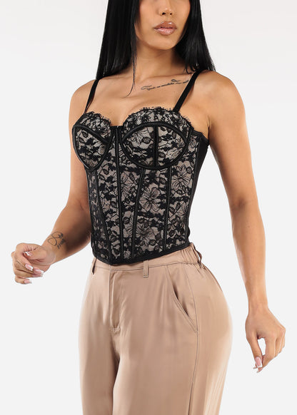 Sweetheart Neckline Floral Lace Corset Top Black