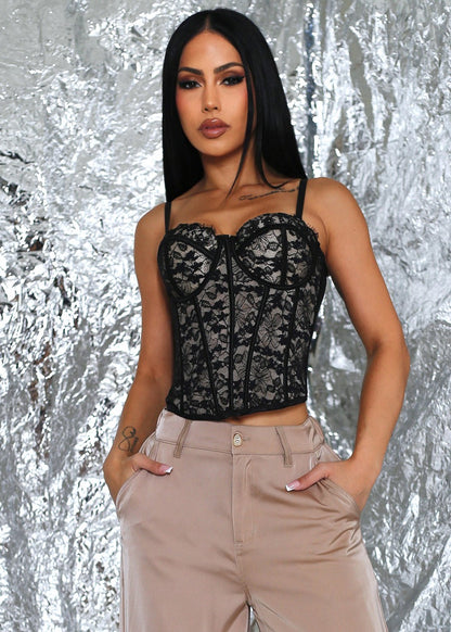 Sweetheart Neckline Floral Lace Corset Top Black