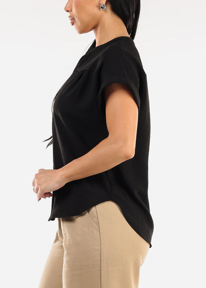 Short Sleeve Button Up Linen Blouse Black